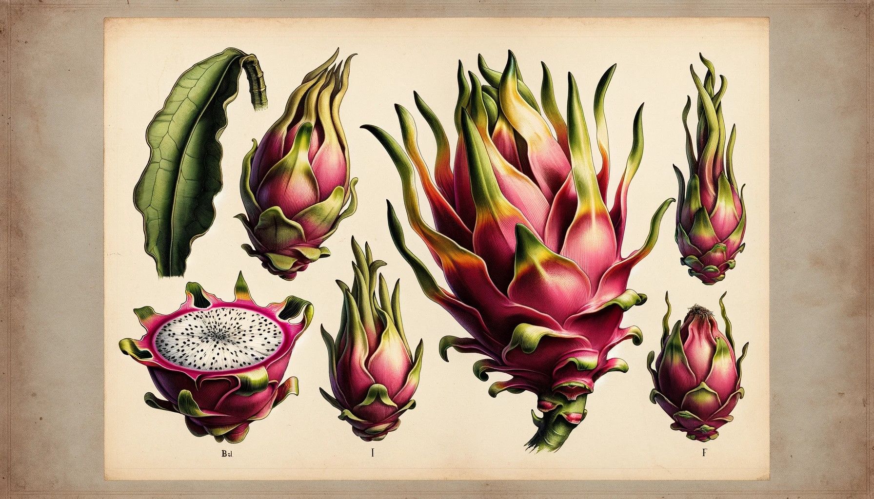 Image of a dragon fruit in the style of 19th-century scientific botanical drawings