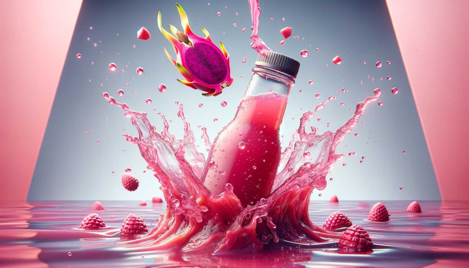 A bottle of juice dropping into a refreshing pool of dragon fruit juice, capturing the dynamic splash and vivid colors.