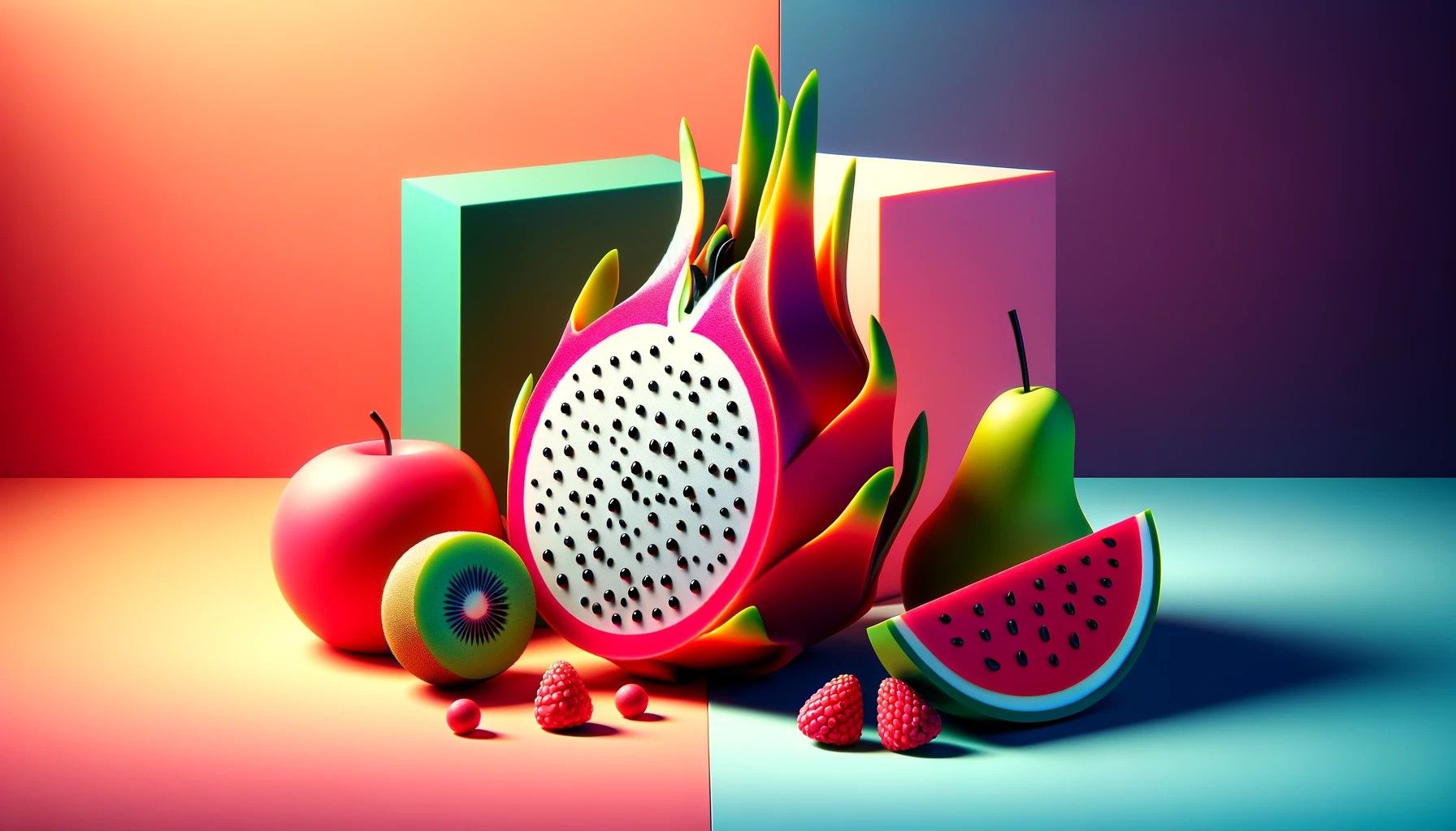 A colorful 3D minimalist art representation of dragon fruit's taste profile.